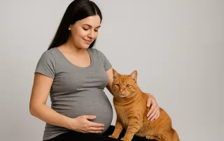 Toxoplamosis Mujer embarazada acariciando a su gato en estudio, simbolizando convivencia segura durante el embarazo