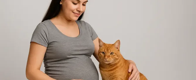 Toxoplamosis Mujer embarazada acariciando a su gato en estudio, simbolizando convivencia segura durante el embarazo