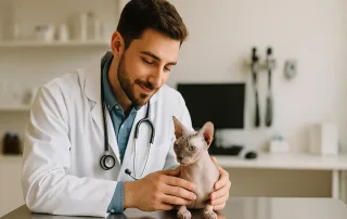 Veterinario revisando a un gato joven antes de la esterilización